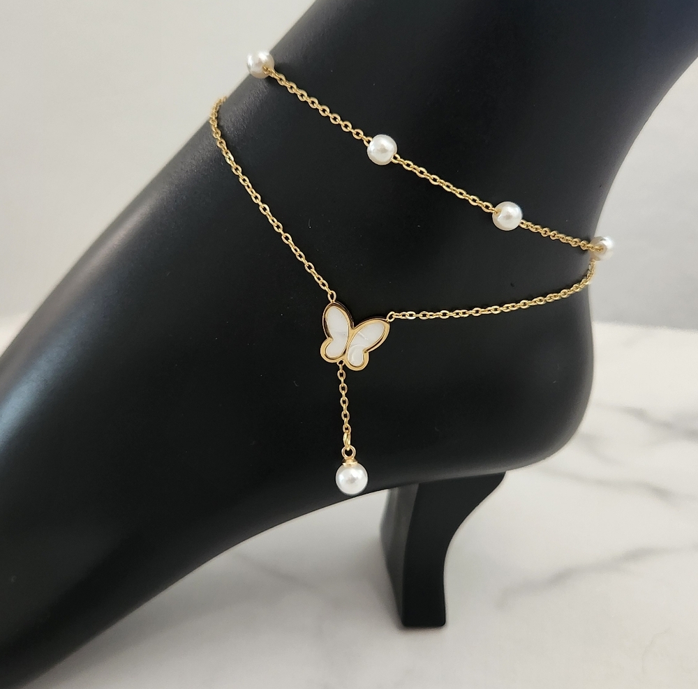 Gold Plated Butterfly Artificial Pearl Layered Design Anklet - Picture 3 of 13